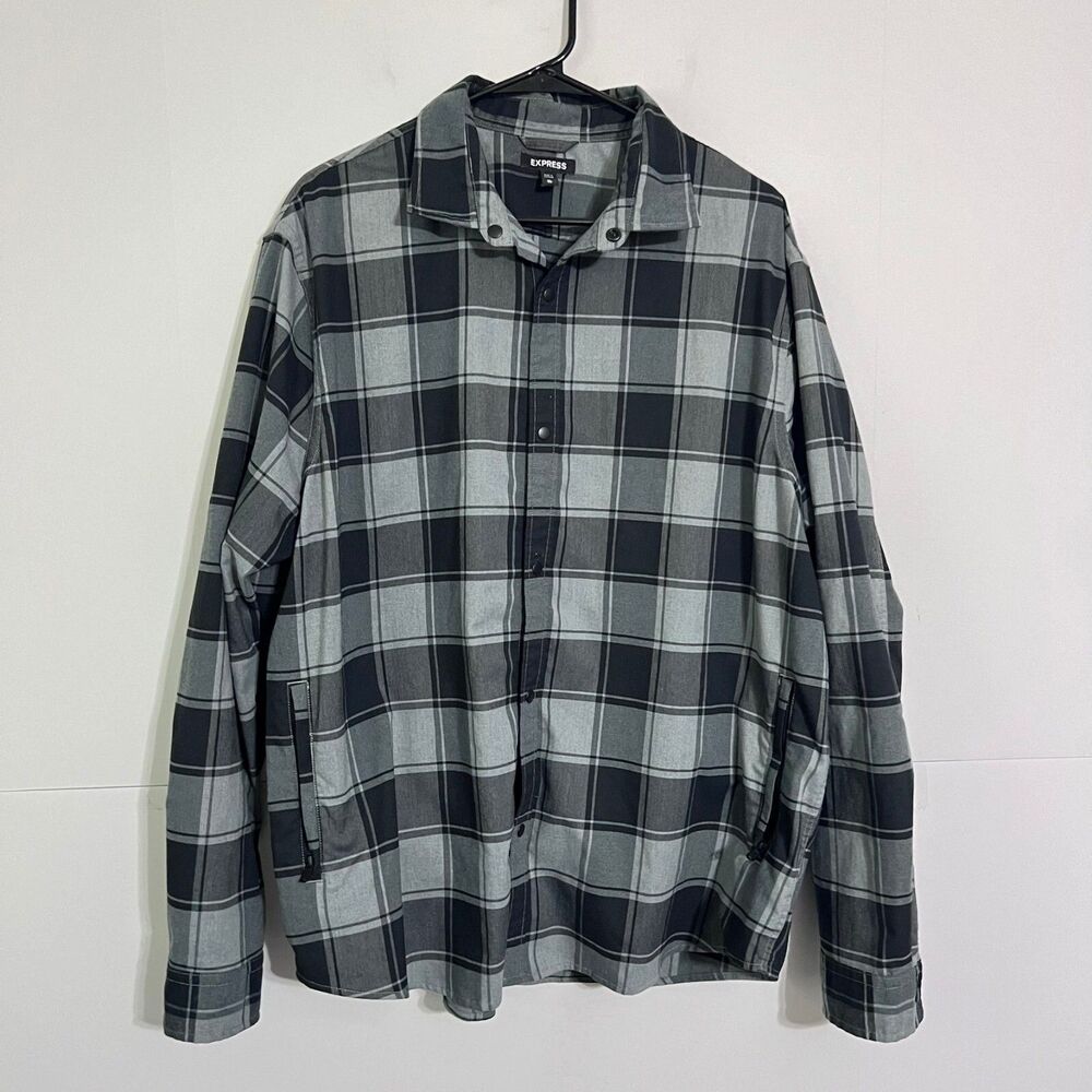 Express Mens Twill Canvas Shacket Shirt Size XL Grey Plaid Button Snap Zip